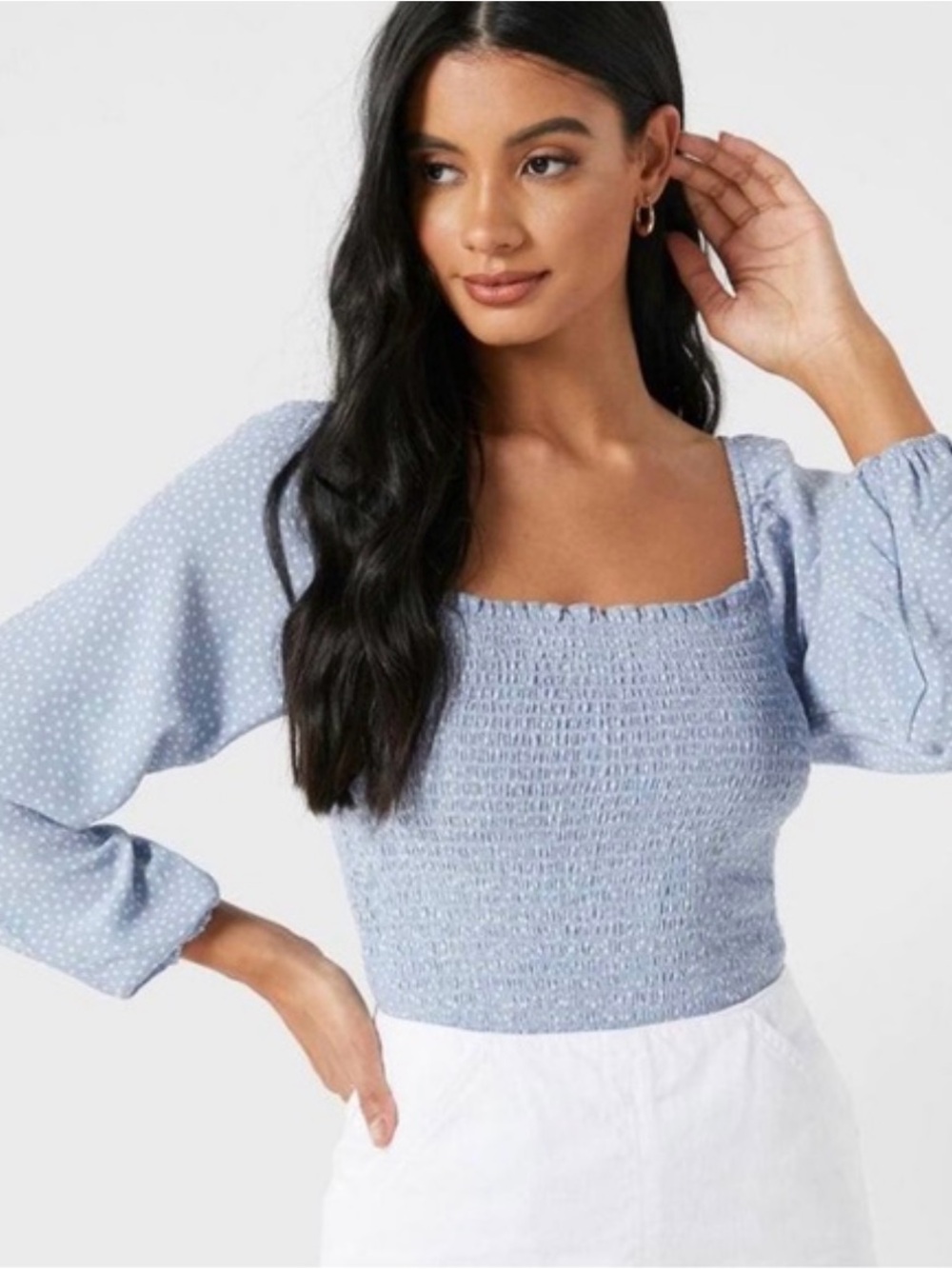 American Eagle Baby Blue White Polka Smocked Square Neck Women's Long Sleeve Top
